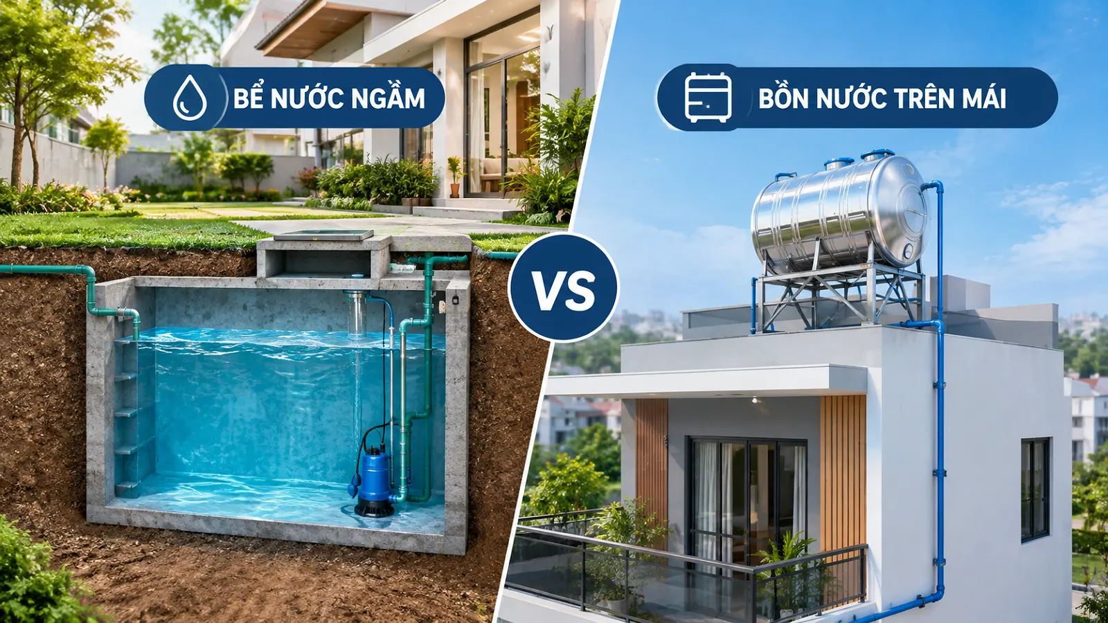 Xây Nhà Nên Làm Bể Nước Ngầm Hay Bồn Nước Trên Mái? Ưu Nhược Điểm Cần Biết